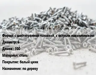 Шуруп с шестигранной головкой, с острым наконечником 6х100 сталь белый цинк по дереву